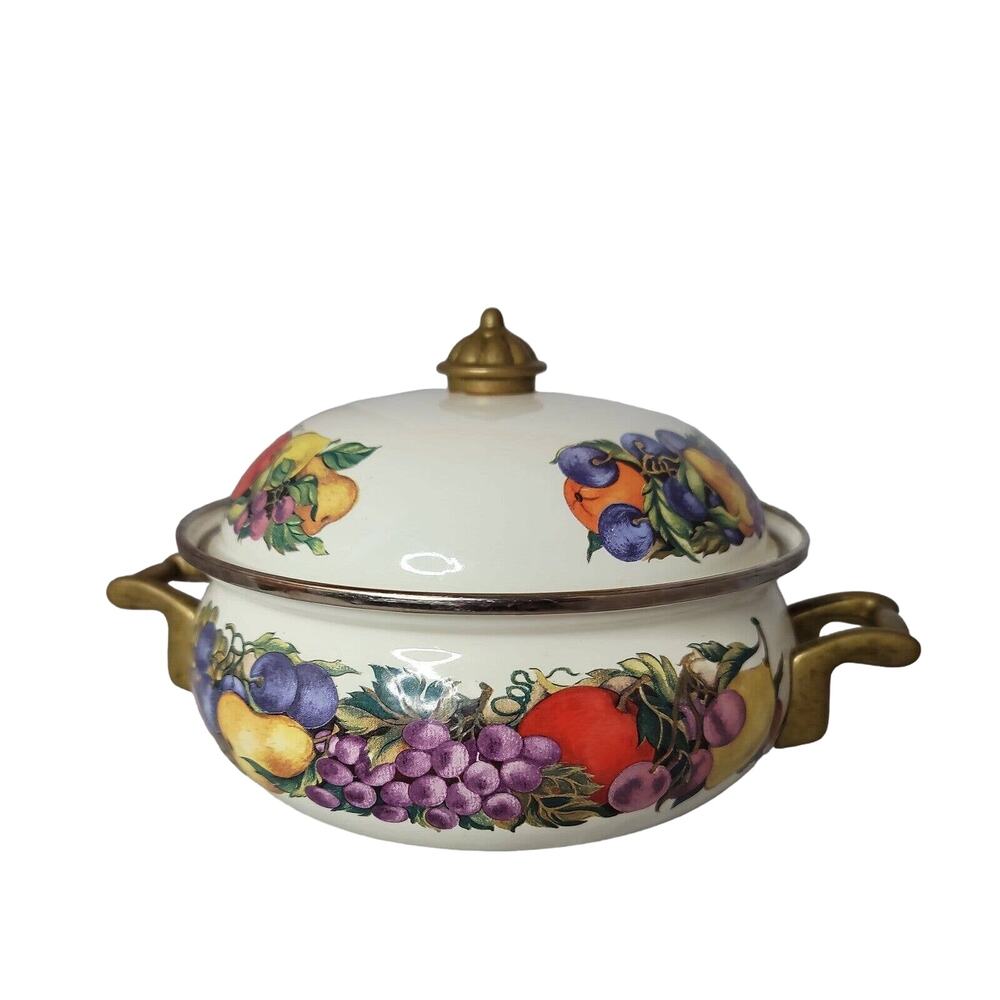 Tabletop CORNUCOPIA Enamel on Steel 2 Qt Dutch Oven w/ Lid, Fruit, 8" Diameter
